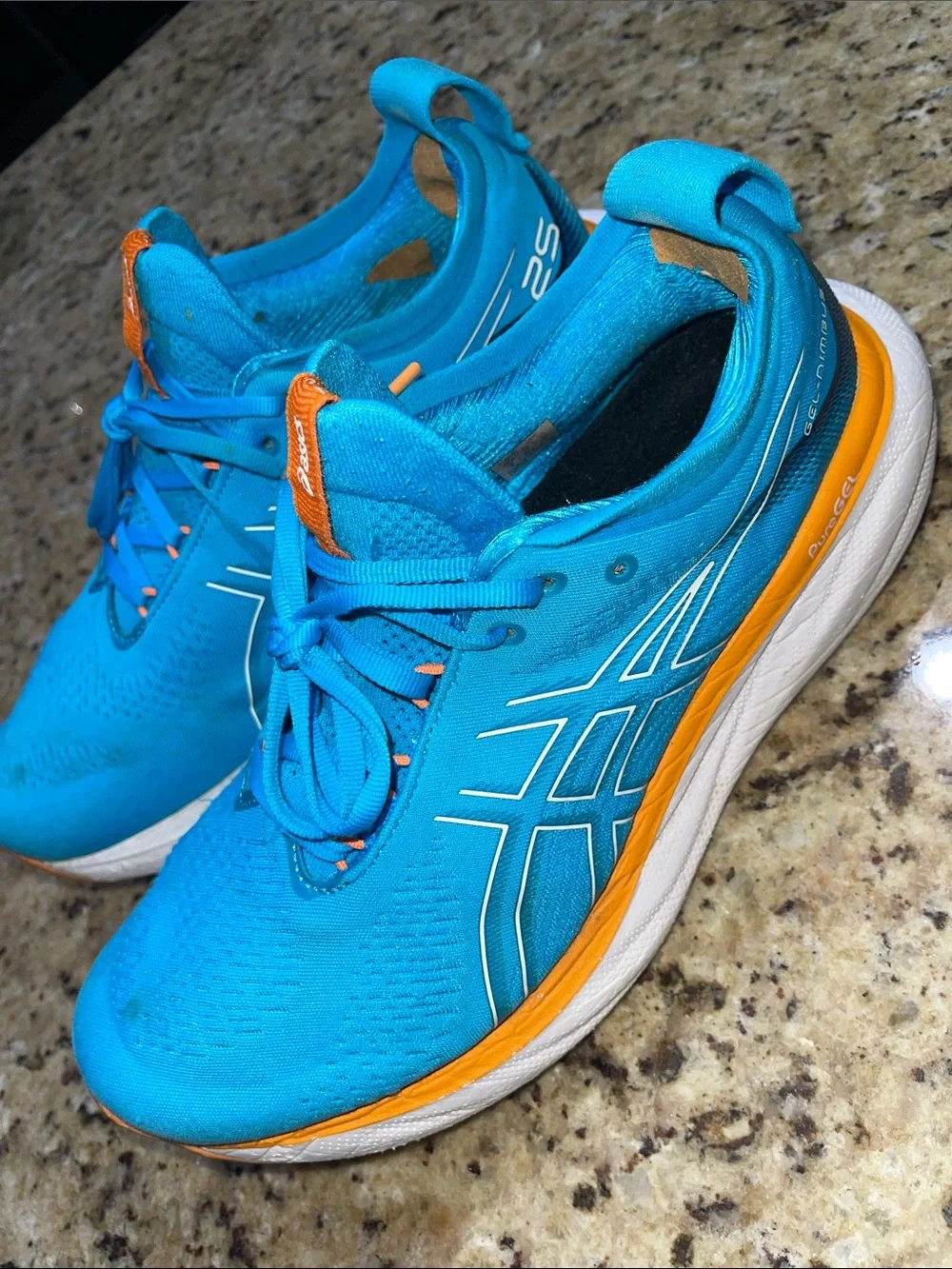 ASICS Gel Nimbus 25 Teal-Blue Running Shoes with Orange Pull Tabs